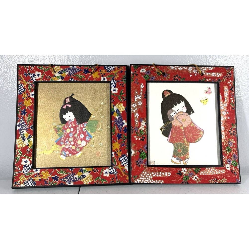 Pair of Two Japanese Girls in Kimono Picture Paper Art Craft in Frame Small EUC